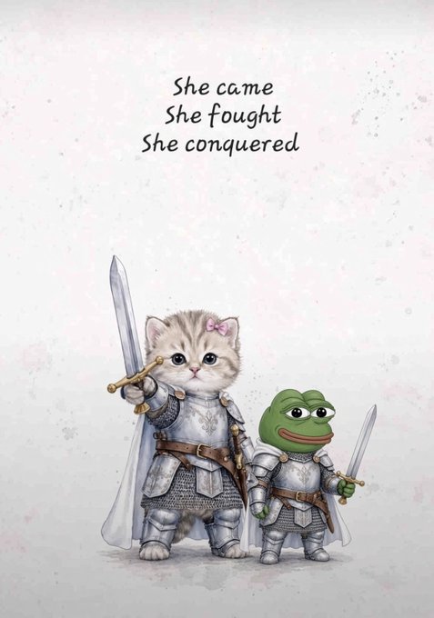 An illustration of a kitten and a frog both dressed as knights in armor holding swords, with the text 'She came She fought She conquered' above them.