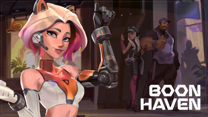 Promotional artwork for 'BOON HAVEN' featuring a pink-haired female character with mechanical arms, with other characters standing in the background.