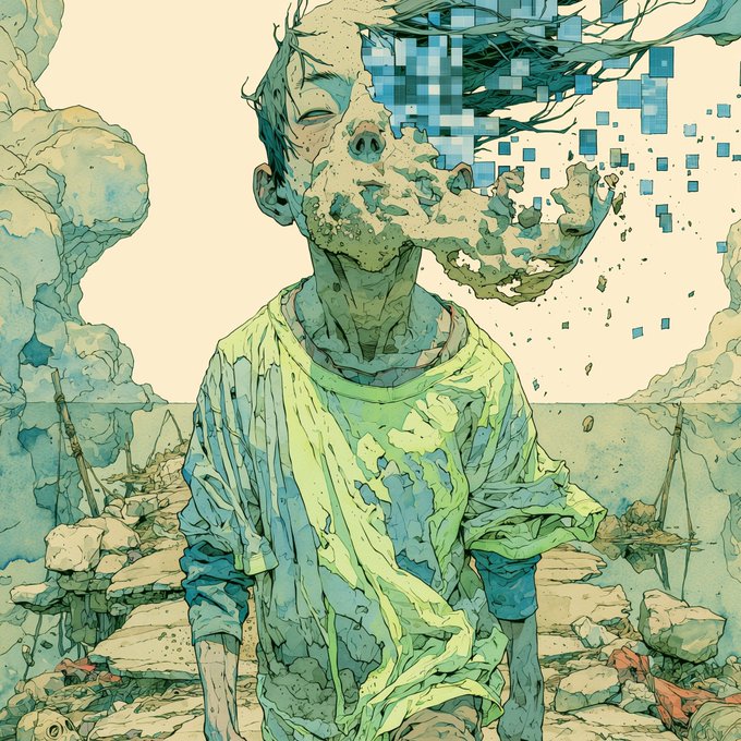 A digital illustration of a person whose face is partially disintegrating into pixelated blue squares and organic debris, set against a desolate landscape with green smoke clouds.