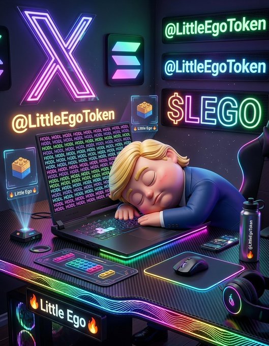 A cartoon character with blonde hair sleeps peacefully with his head on a keyboard, surrounded by neon signs displaying "@LittleEgoToken," "$LEGO," and "HODL," along with a holographic Little Ego token, capturing the exhausted crypto trader's "Good Night CT" vibe after a long day of trading.