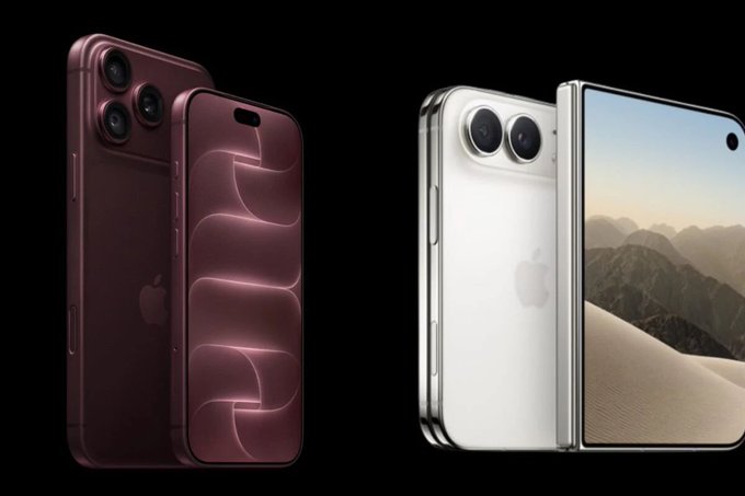 A promotional image showcasing four smartphones against a black background, including a dark red iPhone Pro model and a white foldable iPhone.