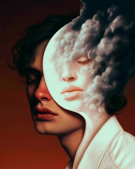 A surreal digital portrait of a person whose face is partially transformed into swirling clouds, with eyes closed against a dark red background.