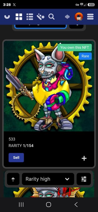 A mobile NFT collection app displaying a 'Rare' character NFT that the user owns, with a rarity rank of 1/154 and sell button visible.