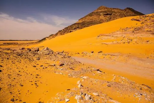A vast, arid landscape of golden sand dunes and rocky terrain stretches under a clear sky, visually mirroring the post's description of the memecoin market as barren and desolate as the Sahara desert.