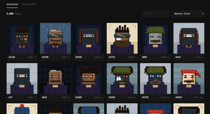 A digital collection interface displays '2,000 Faces' as pixel-art NFT character portraits with attributes like helmets, goggles, and beards, each labeled with a number and rank, sorted by 'Rarest First'.