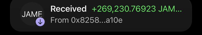 A digital wallet notification showing a received amount of +269,230.76923 JAM tokens from the wallet address 0x8258...a10e.