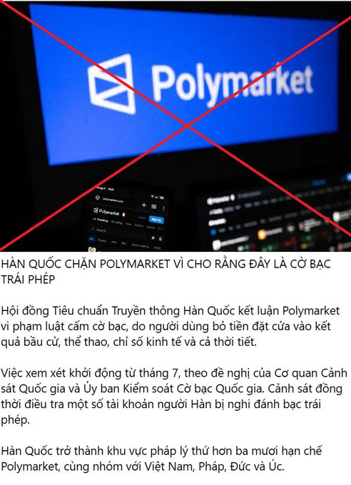 An article about South Korea banning Polymarket, with the headline 'HÀN QUỐC CẤM POLYMARKET VÌ CHO RẰNG ĐÂY LÀ CỜ BẠC TRÁI PHÉP' and the Polymarket logo crossed out in red.