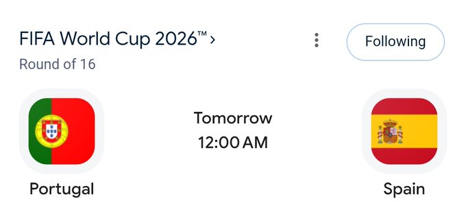 A Twitter post promotes a giveaway of $2,000 split among 20 people who correctly predict the score of the FIFA World Cup 2026 Round of 16 match between Portugal and Spain, scheduled for tomorrow at 12:00 AM, as shown in the attached matchup graphic.