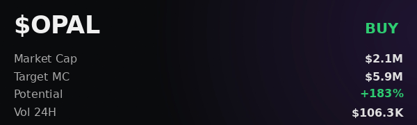 Crypto token information panel for '$OPAL' showing a 'BUY' rating, Market Cap of $2.1M, Target MC of $5.9M, +183% potential, and 24H volume of $106.3K.