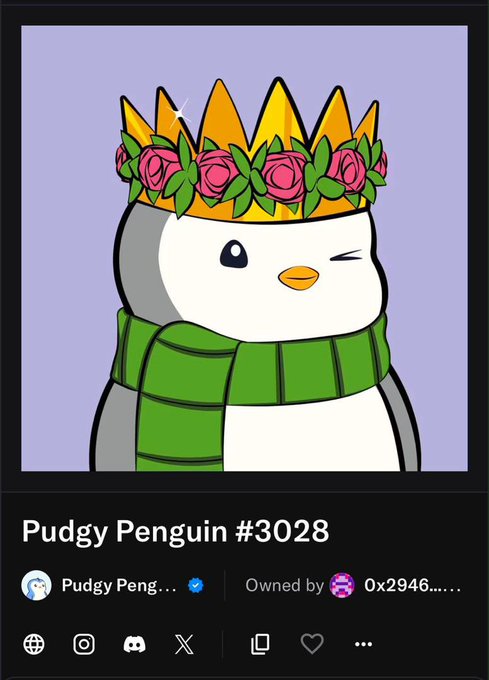 An NFT profile of Pudgy Penguin #3028, featuring a penguin with a flower crown and green scarf, owned by address 0x2946....