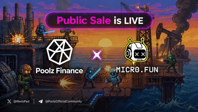 The image is a promotional graphic announcing that the "$MICRO" token public sale is live on Poolz Finance, featuring pixel-art styled characters in combat scenarios on an offshore oil rig at sunset. It showcases the partnership between Poolz Finance and MICRO.FUN, highlighting the AI-powered on-chain gaming platform's competitive PvP mechanics referenced in the post.