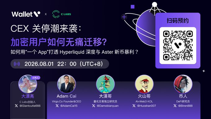 A Chinese promotional poster for a Wallet x C.LABS event titled 'CEX关停潮来袭：加密用户如何无痛迁移？' scheduled for 2026.08.01 at 22:00 (UTC+8), featuring speakers 大漂亮, Adam Cai, 大漠哥, 火山哥, and 币人, along with a QR code for registration.
