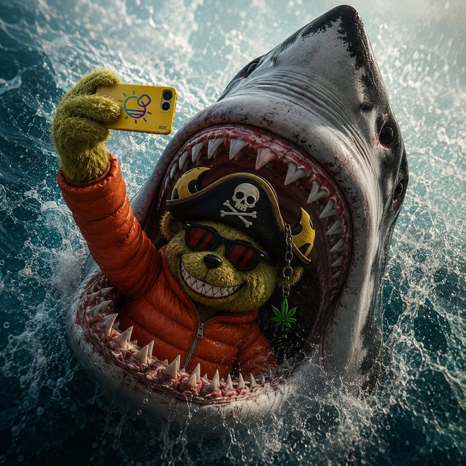 A digital artwork depicting a yellow plush bear character wearing a pirate hat with skull and crossbones, sunglasses, and an orange jacket, holding up a yellow smartphone to take a selfie while emerging from the mouth of a great white shark in turbulent water.
