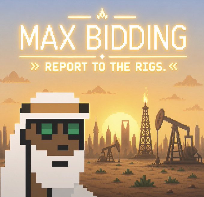 A pixel art graphic titled 'MAX BIDDING' with the subtitle 'REPORT TO THE RIGS,' showing a character in traditional Arab attire with green pixelated sunglasses against a sunset desert backdrop with oil rigs.