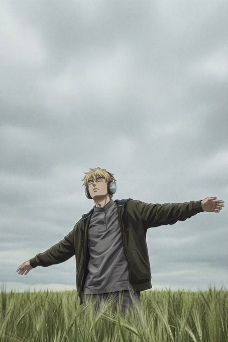 An anime-style illustration of a blonde man wearing headphones and an olive-green jacket over a grey shirt, standing with his arms outstretched in a field of tall grass under an overcast grey sky.