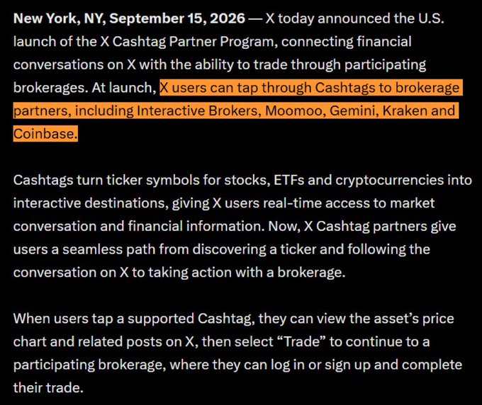 A press release dated September 15, 2026, announcing X's launch of the Cashtag Partner Program with brokerages including Interactive Brokers, Moomoo, Gemini, Kraken, and Coinbase.
