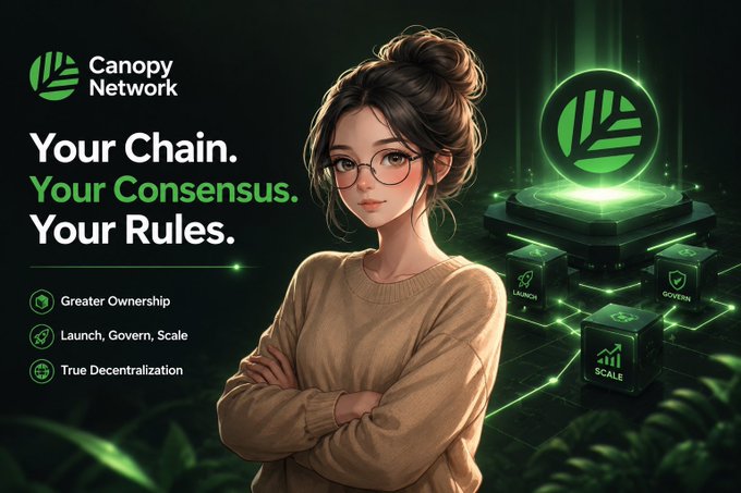 A promotional graphic for 'Canopy Network' shows an anime-style woman with glasses next to green blockchain cubes labeled 'LAUNCH,' 'GOVERN,' and 'SCALE,' with the tagline 'Your Chain. Your Consensus. Your Rules.'
