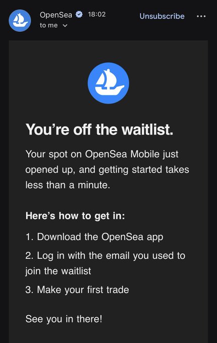 An email notification from OpenSea stating, 'You're off the waitlist,' and providing a three-step guide to get started on their mobile app.
