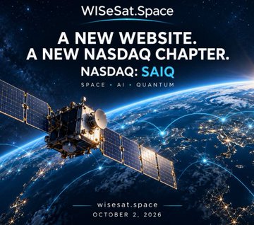 Promotional graphic for 'WISeSat.Space' featuring a satellite orbiting above Earth, with 'A NEW WEBSITE. A NEW NASDAQ CHAPTER. NASDAQ: SAIQ' and a date of October 2, 2026.