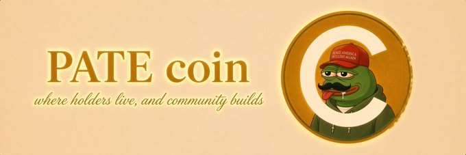 A banner image for the Solana token "$PATE" featuring the Pepe the Frog mascot wearing a red "Make Frogs Great Again" cap, displayed alongside a gold coin logo. The text reads "PATE coin" with the tagline "where holders live, and community builds."