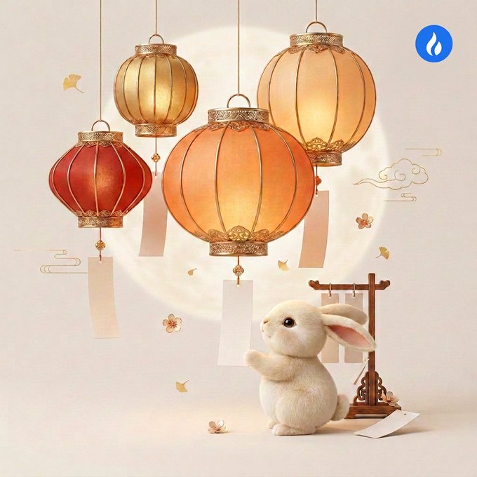 An illustration featuring hanging traditional paper lanterns above a white rabbit, with a large moon, falling ginkgo leaves, and a wooden rack with paper scrolls in the background.