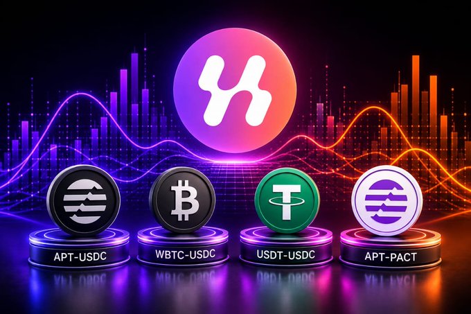 A promotional graphic featuring the Hyperliquid 'H' logo surrounded by cryptocurrency tokens labeled APT-USDC, WBTC-USDC, USDT-USDC, and APT-PACT.
