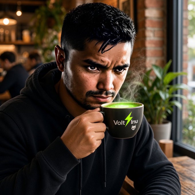 A man with a serious expression wearing a black hoodie, holding a steaming mug featuring a 'Volt Inu' logo with a lightning bolt and dog face design, in a cafe setting.