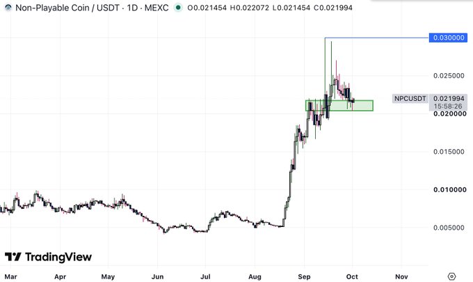 A TradingView chart for Non-Playable Coin / USDT (NPCUSDT) on MEXC showing a 1-day timeframe with prices climbing sharply from around $0.005 in March to a peak of $0.030 in September, currently at $0.021994.