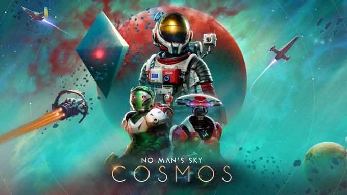 Promotional artwork for "No Man's Sky COSMOS" featuring an astronaut, a robotic companion, and a small drone set against a vibrant space backdrop with planets and spaceships, with the title text "NO MAN'S SKY COSMOS" displayed at the bottom. The image ties to the post's excited anticipation about upcoming content for the COSMOS expansion of the game.