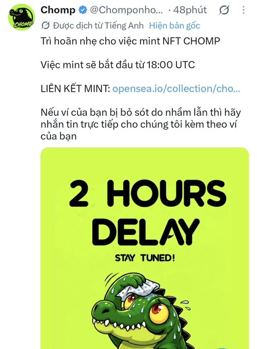 A tweet from Chomp (@Chomponho...) announcing a 2-hour delay for their CHOMP NFT mint, starting at 18:00 UTC.