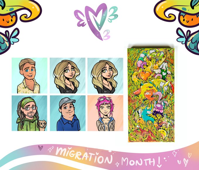 A colorful digital illustration titled 'MIGRATION MONTH' featuring cartoon character avatars alongside a vibrant mosaic artwork depicting various colorful creatures and birds.