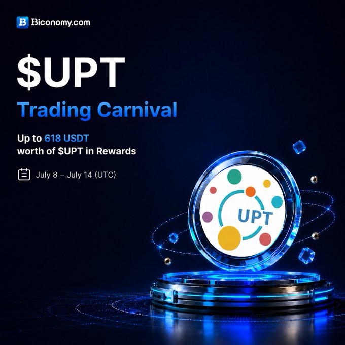 Biconomy.com promotional banner for '$UPT Trading Carnival' offering up to 618 USDT in $UPT rewards, running July 8 – July 14 (UTC).