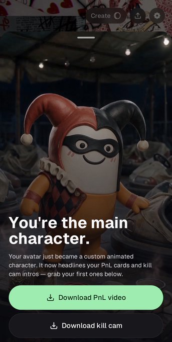 A mobile app screen showing a custom animated jester character with the text 'You're the main character' and download options for 'PnL video' and 'kill cam'.