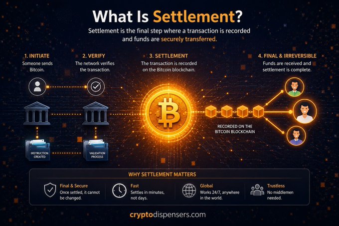 An infographic titled 'What Is Settlement?' from cryptodispensers.com explains the Bitcoin transaction process in four steps: Initiate, Verify, Settlement, and Final & Irreversible, highlighting that it is recorded on the Bitcoin blockchain.