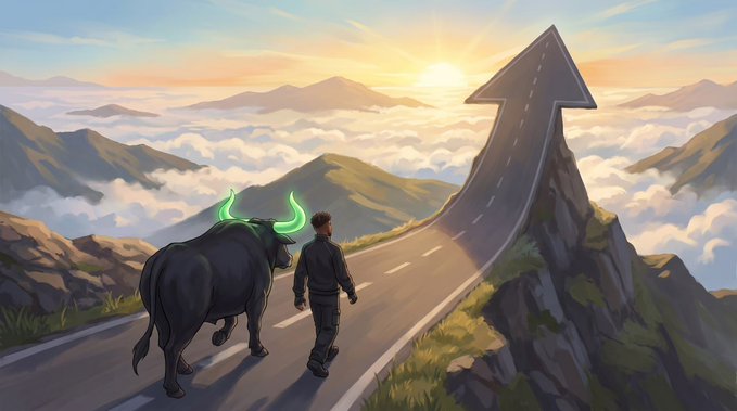A surreal illustration shows a man and a black bull with glowing green horns walking up a mountain road that transforms into an upward-pointing arrow against a cloudy sunset.