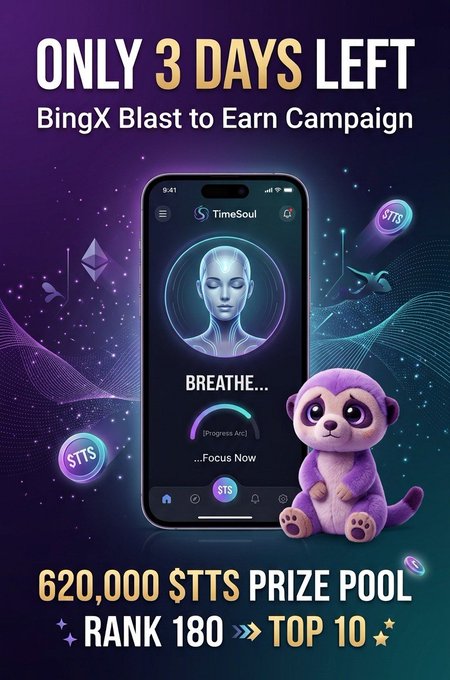 Promotional graphic for the BingX 'Blast to Earn Campaign' with only 3 days left, featuring the TimeSoul app, a purple sloth mascot, and a 620,000 $TTS prize pool for ranks 180 to top 10.