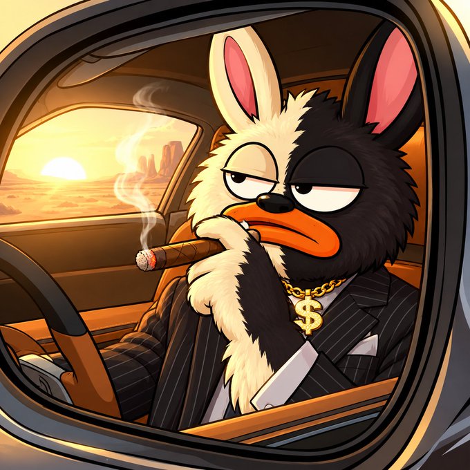 A cartoon penguin/bird character in a pinstripe suit smokes a cigar while driving through a desert sunset, projecting a "boss" or successful crypto mogul aesthetic that aligns with the bold, urgent "Buy Soon!" promotional tone of the $BORO token presale post.