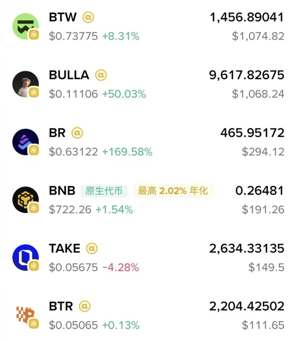 A cryptocurrency portfolio tracker displays six tokens from the Binance Alpha Monster Hunter portfolio, showing holdings including BTW (1,456.89, +8.31%), BULLA (9,617.83, +50.03%), BR (465.95, +169.58%), BNB (0.26, +1.54%), TAKE (2,634.33, -4.28%), and BTR (2,204.43, +0.13%), illustrating the current status update where the user notes having sold TAKE earlier at the 1.5 billion mark, now regretting not holding as it surged to 2.1 billion with a high of 2.9 billion.