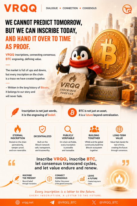 A promotional graphic for VRQQ featuring a penguin mascot beside a Bitcoin coin and a tablet reading 'VRQQ INSCRIBED FOREVER', with text about inscriptions, decentralization, and long-term value.