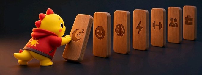 A 3D-rendered cartoon yellow dragon wearing a red hoodie pushing over a wooden block featuring a sleeping moon icon, starting a domino effect with blocks showing brain, lightning, fitness, and people icons.