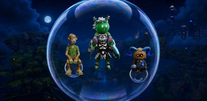 Three small stylized characters inside a floating soap bubble at night, with a moonlit sky and a distant city skyline in the background.