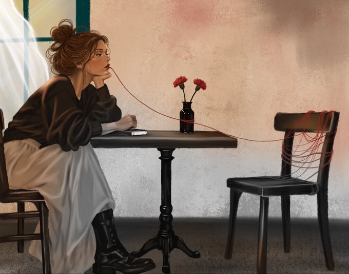 An artistic illustration shows a woman in a dark sweater and white skirt sitting alone at a small table with red carnations in a vase, while a red thread trails from her mouth across the scene to wrap around an empty chair across from her.
