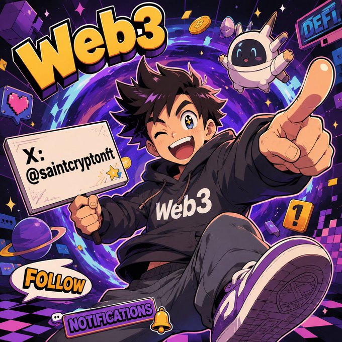 A vibrant anime-style promotional graphic featuring a spiky-haired character in a black 'Web3' hoodie pointing at the viewer, with text reading 'X: @saintcryptonft', 'FOLLOW', and 'NOTIFICATIONS' alongside a robot mascot and cosmic background.