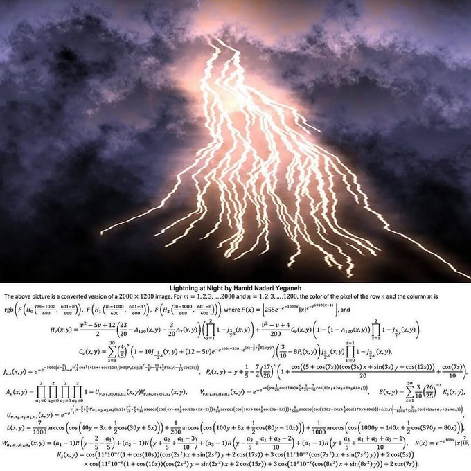 The image depicts a dramatic nighttime lightning display with multiple bright forks branching downward through dark purple clouds. Below the photograph is a caption reading "Lightning at Night by Hamid Naderi Yeganeh," followed by a dense block of mathematical formulas describing the pixel-color generation algorithm used to create the converted 2000×1200 image.