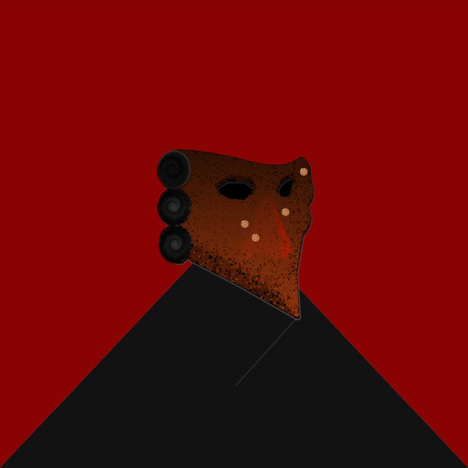 We need to write a concise 1-2 sentence caption describing what is in the image, including any key text, numbers, tickers or names visible. The accompanying post mentions "The Venetian Carnival never died... 1,111 unique digital legends." The image shows a stylized mask, like a Venetian mask, with a brown textured surface, black eye holes, gold dots, and three black circles on the side (maybe representing a neck or side). It's set against red background with a black triangular shape at bottom. So caption: "A stylized brown Venetian mask with three black circular accents emerges from a black triangle against a deep red background, evoking the reawakening of the Venetian Carnival's 1,111 digital legends." That's 2 sentences? Actually it's one sentence. Let's make 1-2 sentences. Ensure mention of text: maybe include "1,111 unique digital legends" as text visible?