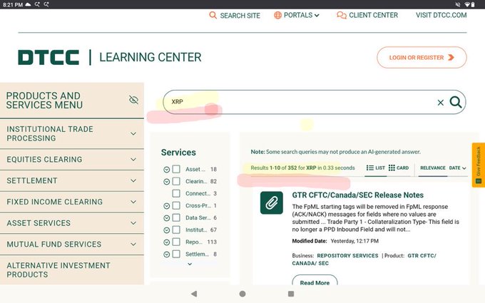 A DTCC Learning Center search for "XRP" returns 352 results in 0.33 seconds, showing the term appears extensively across DTCC services including Asset Servicing, Clearing, Settlement, and Repo, which appears to contradict claims that SWIFT has no plans to use XRP.