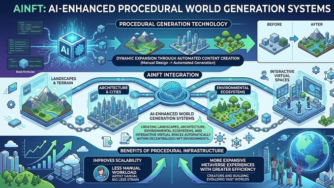 The image features a large, colorful poster that explains the concept of AI-enhanced world generation systems (AIWGS) using illustrations and diagrams. The poster highlights the benefits of AIWGS, such as dynamic content creation through automated processes instead of manual design workflows. It also mentions how AINFT integrates AI into their procedures to enhance the efficiency of creating digital environments.