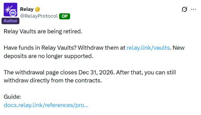 A tweet from Relay (@RelayProtocol) announcing that Relay Vaults are being retired and instructing users to withdraw funds by Dec 31, 2026.