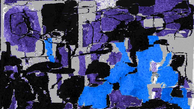 An abstract mixed-media artwork featuring bold blocks of black, deep purple, and vibrant electric blue with textured brushwork and graphic linework, which appears to be from the final 1/1 NFT release titled "_untitled (mural) _icy_" by the artist totty.