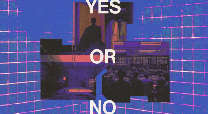 A stylized graphic with a purple and blue grid background features the bold text "YES OR NO" arranged vertically, alongside silhouettes of business people and what appears to be a trading floor, visually representing the debate over prediction market regulation highlighted in the CFTC Innovation Advisory Committee discussion.